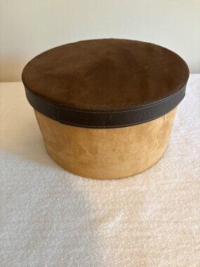 Suede Storage Hat Box Brown Lid & Tan Base 10.5" Round For Organizing Or Display